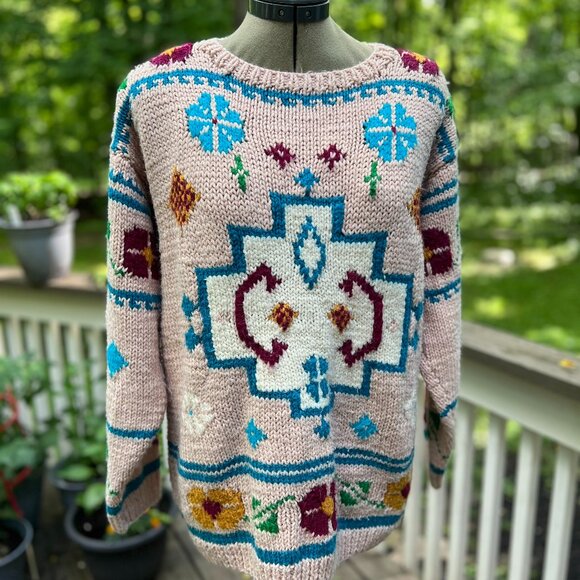 Handmade Sweaters - Vintage 90s Hand-Knit Southwestern Sweater – Chunky Cozy Knit